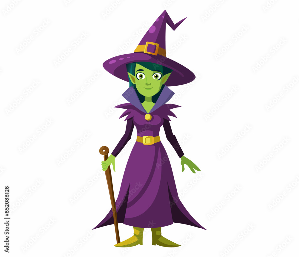 Cartoon witch with a pointed hat and robe, isolated on a white background. Concept of Halloween, fantasy, magic, female character, sorceress, spell, and witchcraft. Print, design element Cartoon witch with a pointed hat and robe, isolated on a white background. Concept of Halloween, fantasy, magic, female character, sorceress, spell, and witchcraft. Print, design element