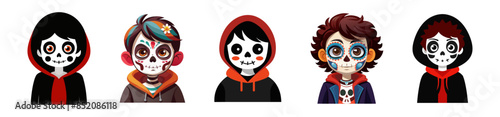 Set of boys with Day of the Dead makeup. Kids with sugar skull face paint, isolated on a white background. Concept of Dia de los Muertos, Mexican cultural tradition, festival, celebration, Halloween