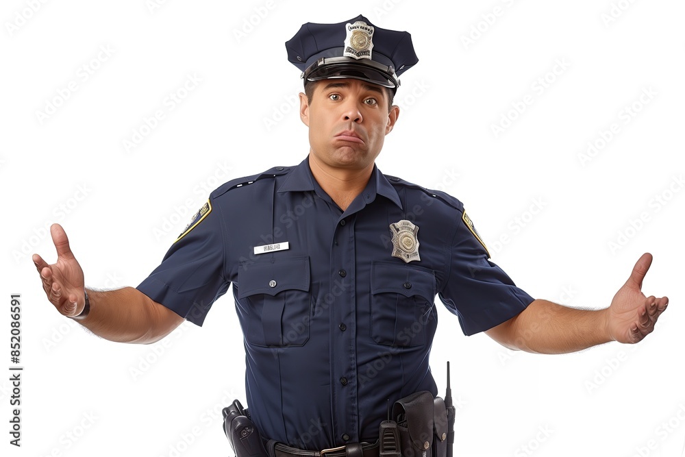 Confused Police Officer Shrugging their Arms to Brush off their Mistake, Cop and Civil Servant Portrait, Isolated Security on White Background Confused Police Officer Shrugging their Arms to Brush off their Mistake, Cop and Civil Servant Portrait, Isolated Security on White Background