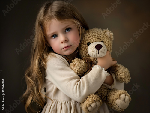 A young girl hugging a teddy bear, looking shy