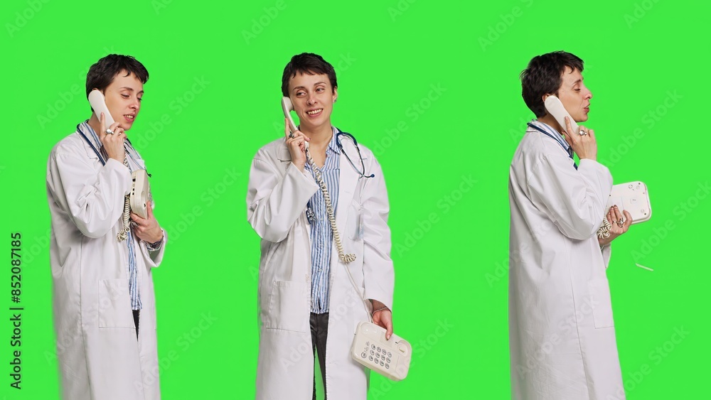 Physician answering landline phone call against greenscreen backdrop, talking to patients about checkup appointments. Medic having remote discussion on retro telephone with cord. Camera B. Physician answering landline phone call against greenscreen backdrop, talking to patients about checkup appointments. Medic having remote discussion on retro telephone with cord. Camera B.