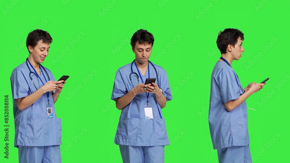 Young nurse texting on smartphone against greenscreen backdrop, using mobile phone to check social media messages on work break. Medical assistant browsing online web pages. Camera B. Young nurse texting on smartphone against greenscreen backdrop, using mobile phone to check social media messages on work break. Medical assistant browsing online web pages. Camera B.