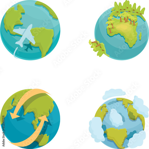 Globe earth icons set cartoon vector. Passenger plane flies around earth. Travel around world