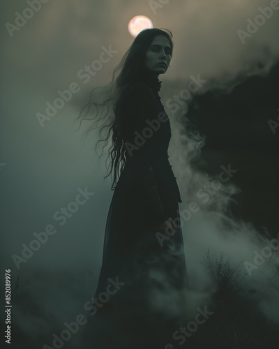 hauntingly beautiful portrait of a melancholic vampire woman, moonlit night with swirling mist and somber mood
