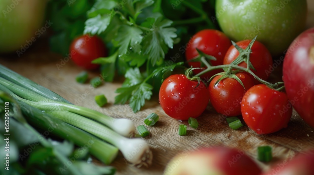 Close up of fresh vegetables and fruits on a wooden surface green onions cherry tomatoes and apples for meal preparation Close up of fresh vegetables and fruits on a wooden surface green onions cherry tomatoes and apples for meal preparation