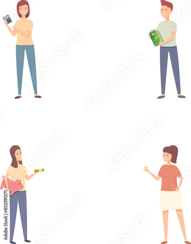 Finance concept icons set cartoon vector. Youngster learning basic of saving. Saving money