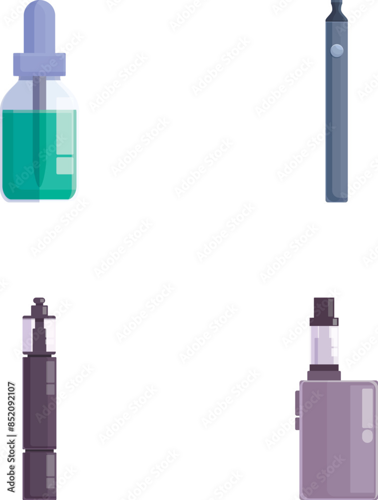 Vaping cigarette icons set cartoon vector. Electronic cigarette accessory. Alternative smoking Vaping cigarette icons set cartoon vector. Electronic cigarette accessory. Alternative smoking
