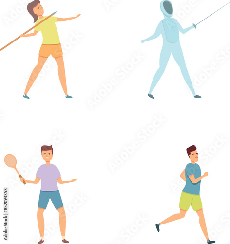 Playing sport icons set cartoon vector. Teenager doing physical exercise. Fitness or physical training