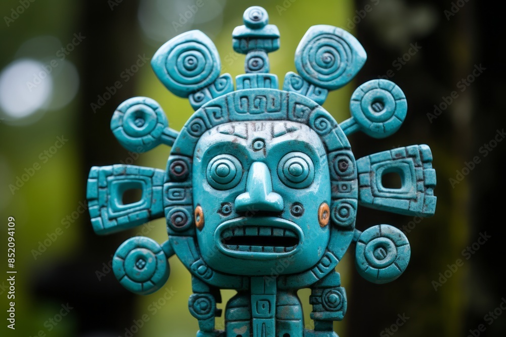 a turquoise statue with a face on it