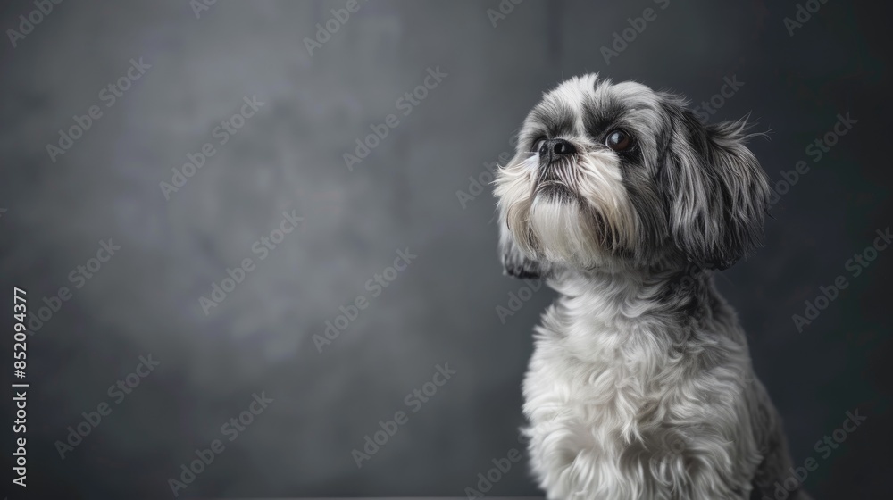 Shih Tzu dog alone on dark gray backdrop in a studio Shih Tzu dog alone on dark gray backdrop in a studio