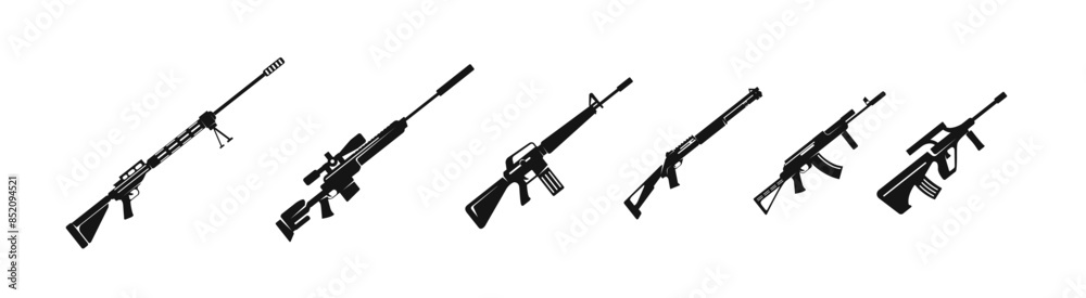 Rifle gun vector silhouette set. Firearms flat black collection. Rifle gun vector silhouette set. Firearms flat black collection.