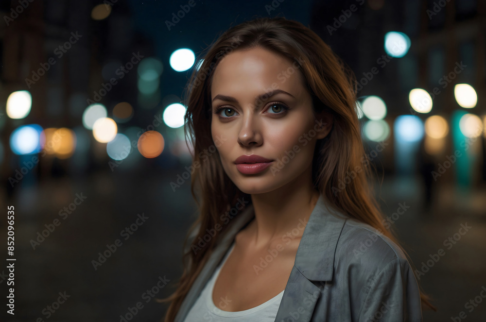 Portrait of a girl in a night city. Smiling.He's looking at us. Portrait of a girl in a night city. Smiling.He's looking at us.