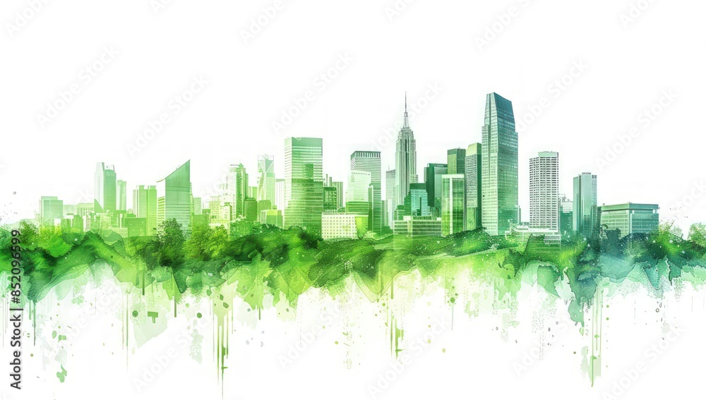 A city skyline with a green forest in the background. A city skyline with a green forest in the background.