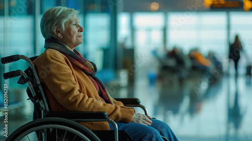 elderly woman in a wheelchair at an airport, waiting for her flight, feeling lonely and isolated from others due to her limited mobility or pain, struggling with physical challenges while traveling