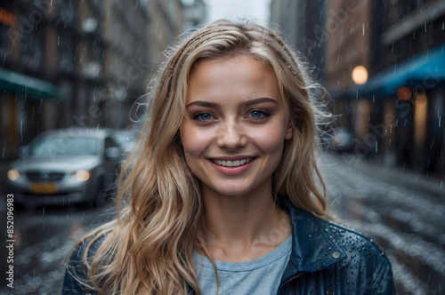 portrait of a young girl in the city, blonde with blue eyes, 25 years old. Smiling.He's looking at us. It's raining.