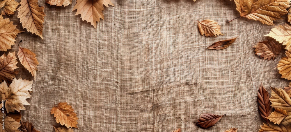 Fototapeta premium Brown Autumn Leaves on Tan Fabric and Background