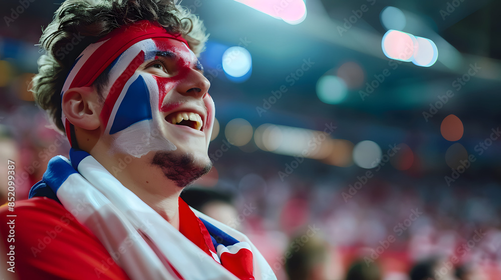 A cheerful British football fan with face paint enjoys the excitement of live match in packed stadium. The vibrant crowd and energetic atmosphere highlight the passion for the sport A cheerful British football fan with face paint enjoys the excitement of live match in packed stadium. The vibrant crowd and energetic atmosphere highlight the passion for the sport