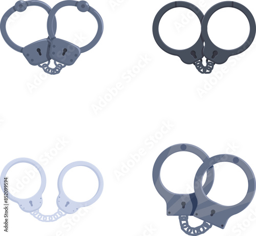 Closed handcuff icons set cartoon vector. Various metal handcuff. Arrest concept