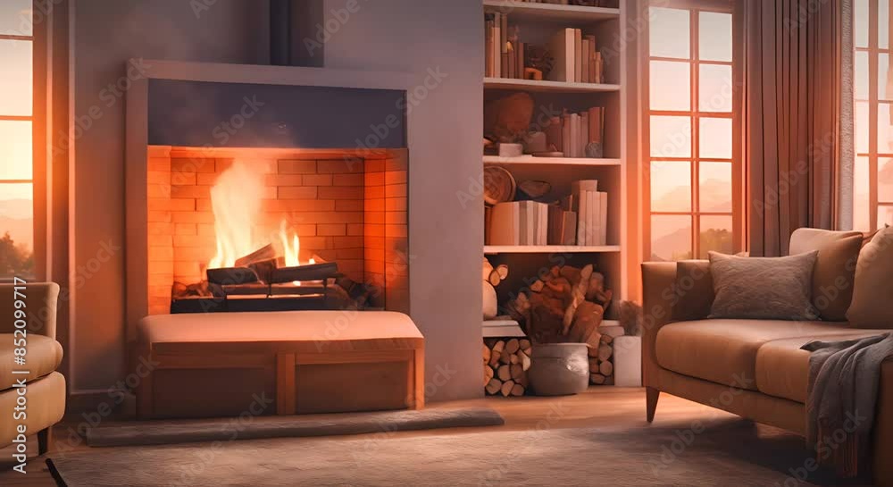 Cozy living room with an old fashioned fireplace firewood burning inside the chimney emits a warm glow Seamless looping time lapse video animation background 4k