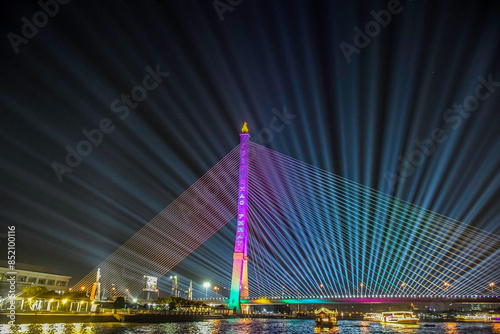 Photography Neon lighting on Rama VIII Bridge on chao phraya river in Bangkok at night taken