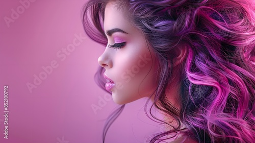 A woman with long, curly pink and purple hair looks to the side with her eyes closed