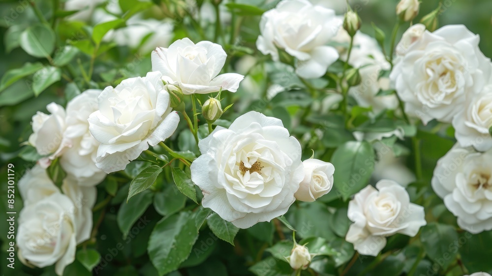 White roses in full bloom in the garden against a white backdrop