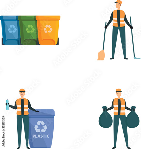 Street sweeper icons set cartoon vector. Men street cleaner in uniform. City service concept