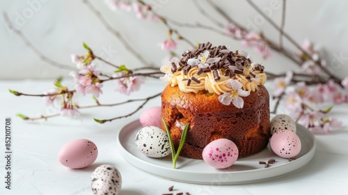 Homemade traditionla Easter kulich cake with chocolate nests and eggs, blossoming cherry branches and muscari flowers. White background. Banner size photo