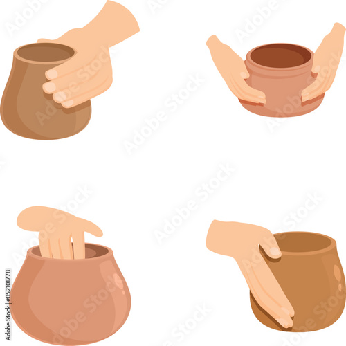 Pottery manufacturing icons set cartoon vector. Creating clay vase on wheel. Pottery master class
