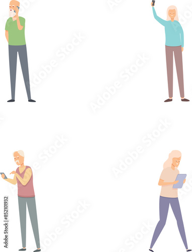 Elderly people icons set cartoon vector. Grandparent actively spends time. Longevity concept