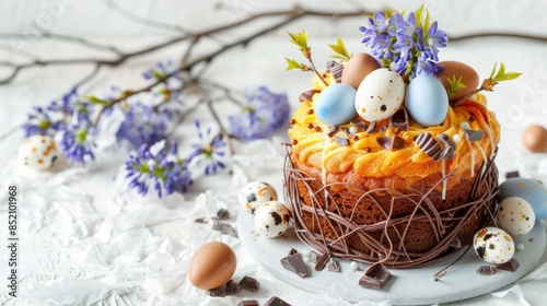 Homemade traditionla Easter kulich cake with chocolate nests and eggs, blossoming cherry branches and muscari flowers. White background. Banner size photo