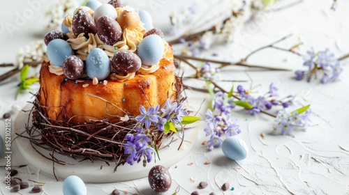 Homemade traditionla Easter kulich cake with chocolate nests and eggs, blossoming cherry branches and muscari flowers. White background. Banner size photo