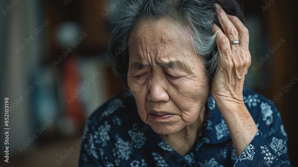 An elderly Asian woman is seen holding the back of her head experiencing a sudden and excruciating headache following a head injury potentially indicating increased pressure in the brain or An elderly Asian woman is seen holding the back of her head experiencing a sudden and excruciating headache following a head injury potentially indicating increased pressure in the brain or