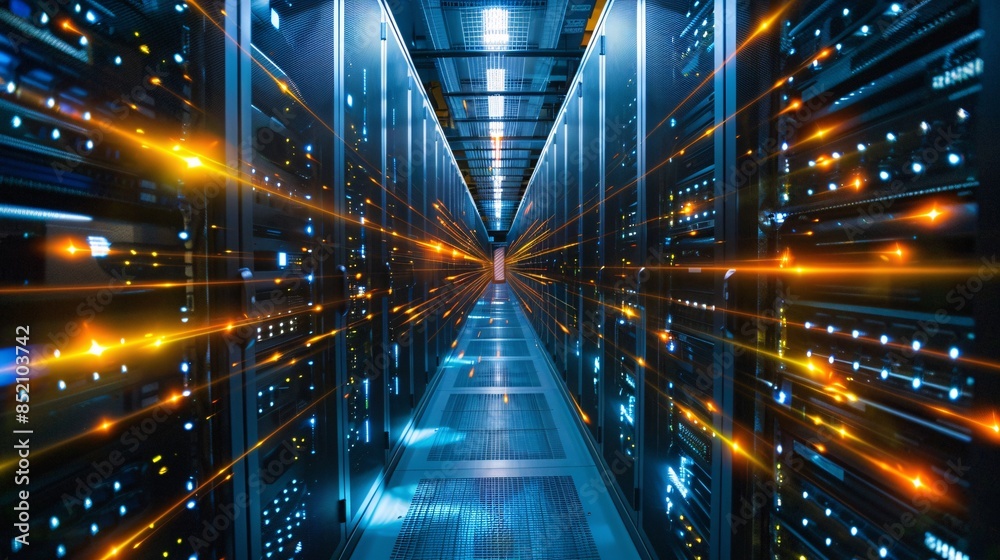 A computer server room with a bright orange glow