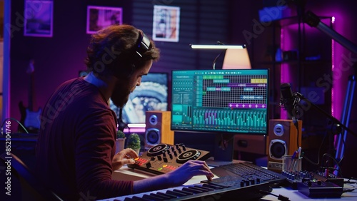 Valokuva Artist improving the sound quality of audio recordings in home studio, handling mixing console and controls