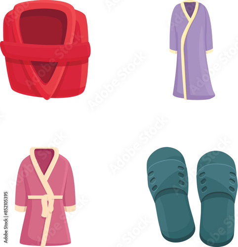 Hotel accessory icons set cartoon vector. Colorful bathroom textile item. Bath supplies