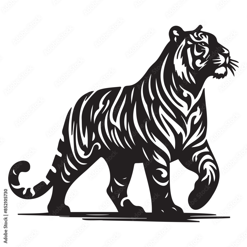 Fototapeta premium Tiger, large predatory cat, black silhouette on a transparent background, vector drawing for stencil, print