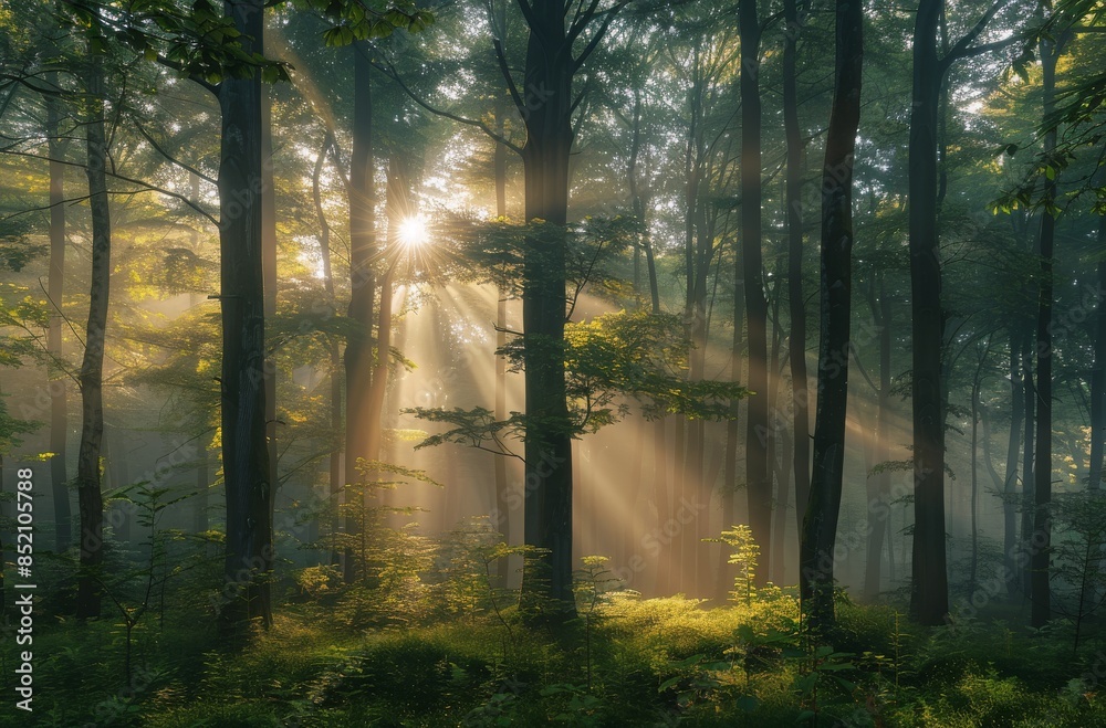 Obraz premium Sunlight Illuminating A Foggy Forest In The Morning
