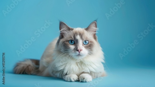 Ragdoll Cat with Blue Eyes Poses for Camera on Blue Background