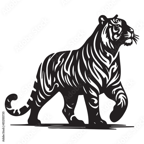 Tiger, large predatory cat, black silhouette on a transparent background, vector drawing for stencil, print