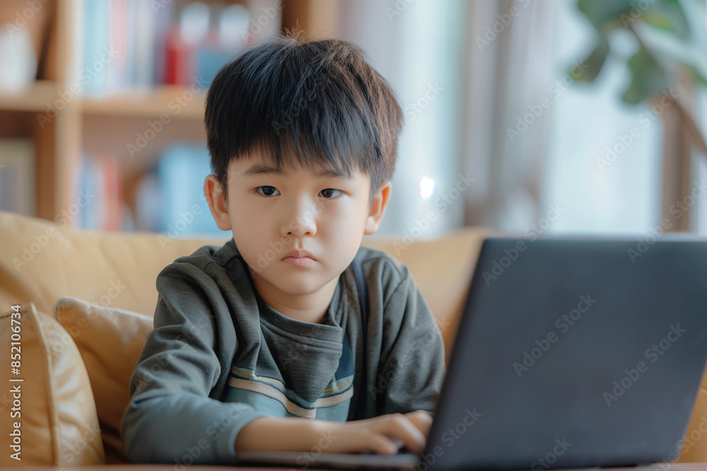 Asian boy sitting in a modern bright room in a minimalist style with a laptop and studying, distance learning concept for schoolchildren. Asian boy sitting in a modern bright room in a minimalist style with a laptop and studying, distance learning concept for schoolchildren.