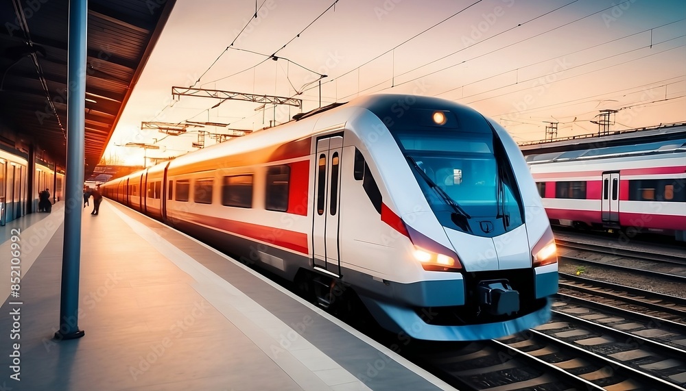 Naklejka premium Modern fast-moving modern passenger train in motion on the railway station at sunset, with a motion blur effect on the railroad platform generative ai