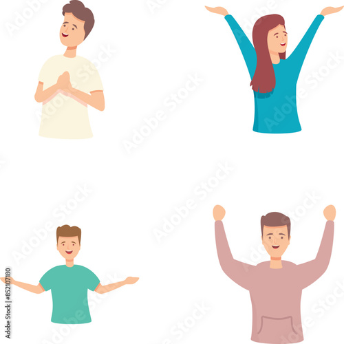 Happy people icons set cartoon vector. Glad character with positive emotion. Joyful expression