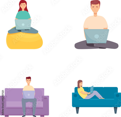 Freelancer character icons set cartoon vector. Young people working from home. Self employed concept