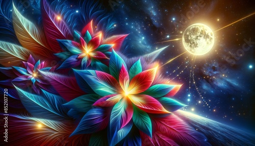 A detailed close-up of vibrant, abstract, star-shaped flowers illuminated by a glowing full moon, with delicate moonbeams.