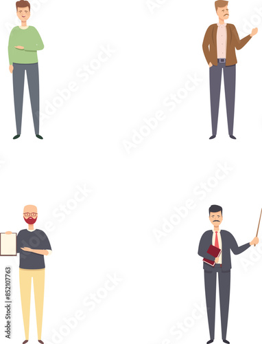 Teacher icons set cartoon vector. Male teacher conducting lesson. Education, training