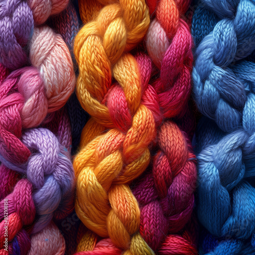 Close-up of colorful braided yarn texture.