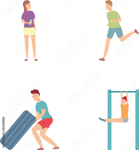 Outdoor sport icons set cartoon vector. People workout at outdoor sport area. Physical activity