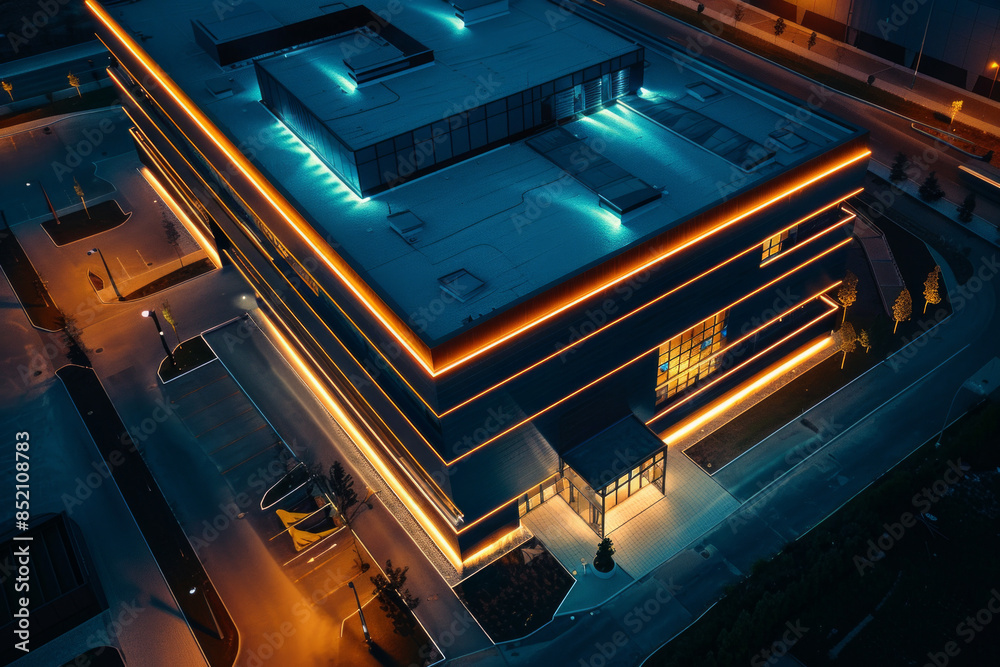 Obraz premium Aerial view of a data center at night, with its exterior illuminated by strategic lighting. 