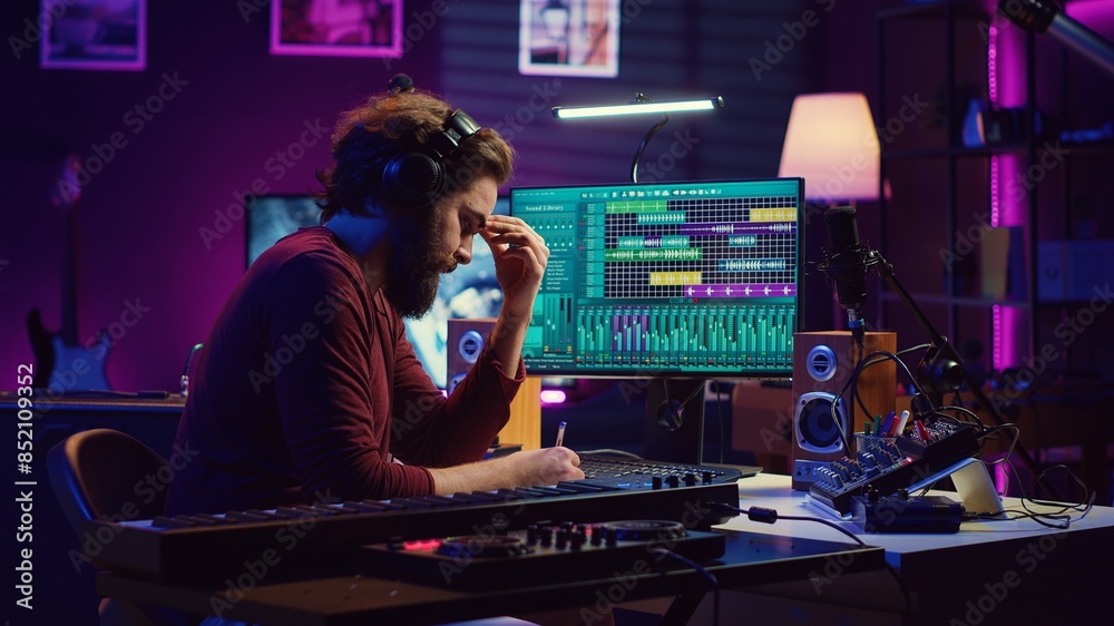 Musician artist taking notes composing new song in his home studio, writing down lyrics and musical notes before recording his melody. Songwriter producing music with daw software tools. Camera A. Musician artist taking notes composing new song in his home studio, writing down lyrics and musical notes before recording his melody. Songwriter producing music with daw software tools. Camera A.